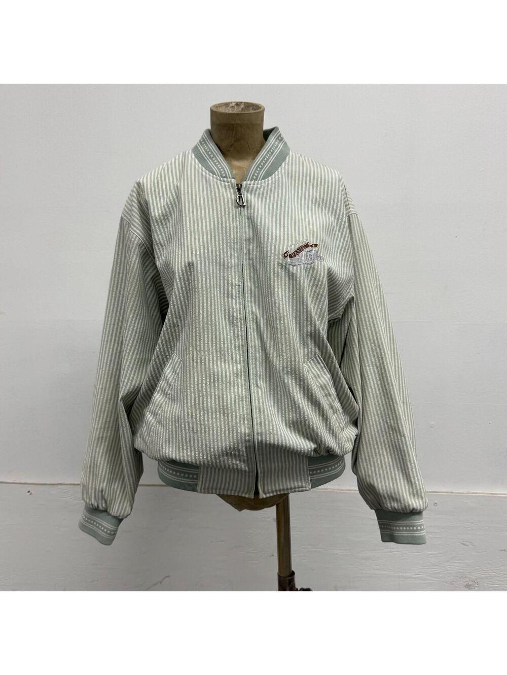 Vintage 80s 90s Sage Green & White Striped Zip-Up Bomber Jacket